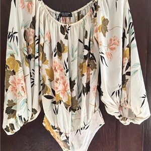 Zara Cream Floral Off-Shoulder Long-Sleeve Bodysuit